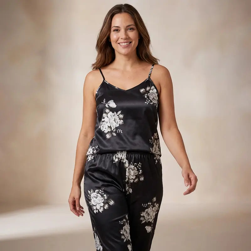 Femme souriante portant un ensemble satin noir à bretelles avec pantalon assorti et motifs floraux blancs, debout sur fond neutre, style e-commerce élégant.