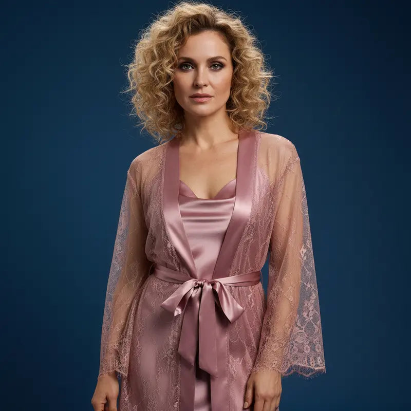 Nuisette satin rose poudré avec peignoir transparent en dentelle florale et ceinture satin nouée portée par un mannequin.