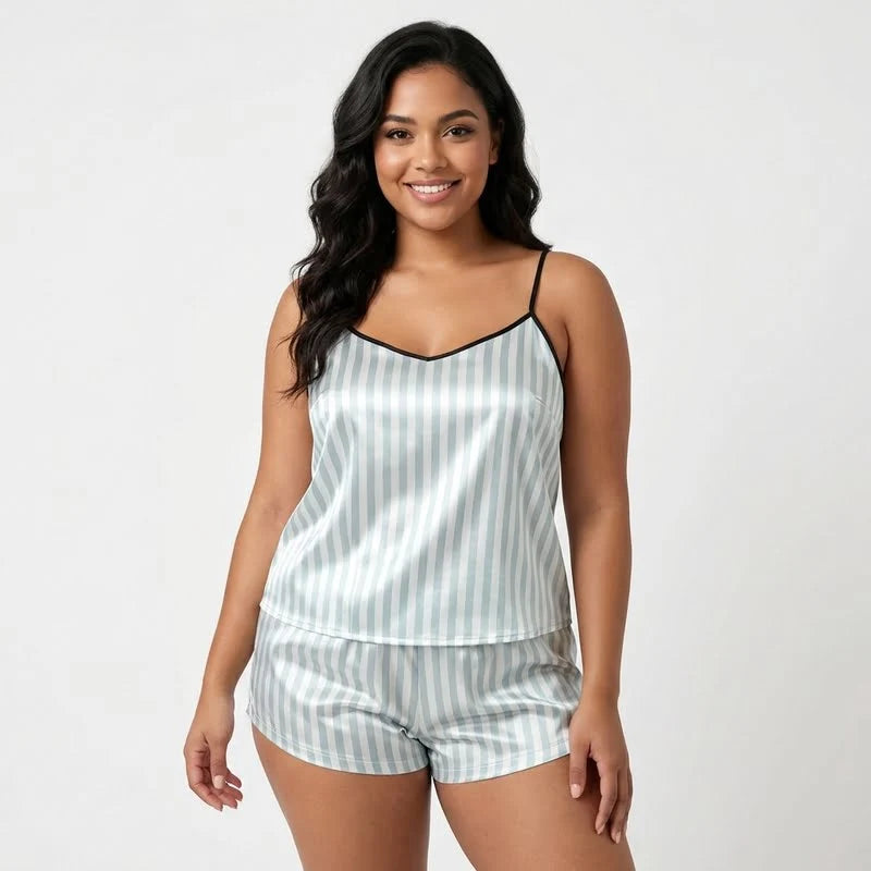 Ensemble satin femme rayé gris et blanc, débardeur fluide à fines bretelles et short assorti avec cordon noir
