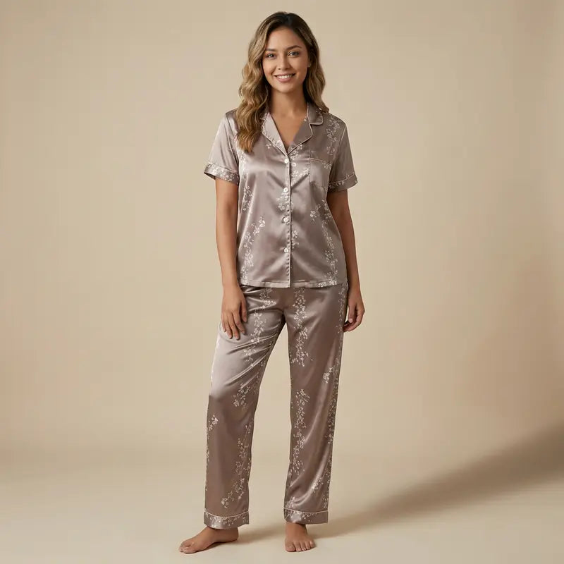 Femme portant un pyjama en satin beige avec imprimé floral, composé d’une chemise à manches courtes boutonnée et d’un pantalon long, debout face à la caméra sur fond neutre.