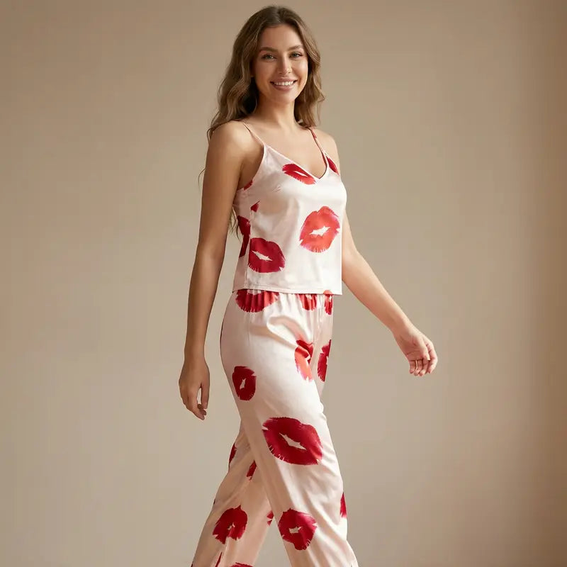 Femme souriante portant un pyjama satin blanc à bretelles avec pantalon assorti et motifs lèvres rouges, debout sur fond neutre, style e-commerce élégant et romantique.