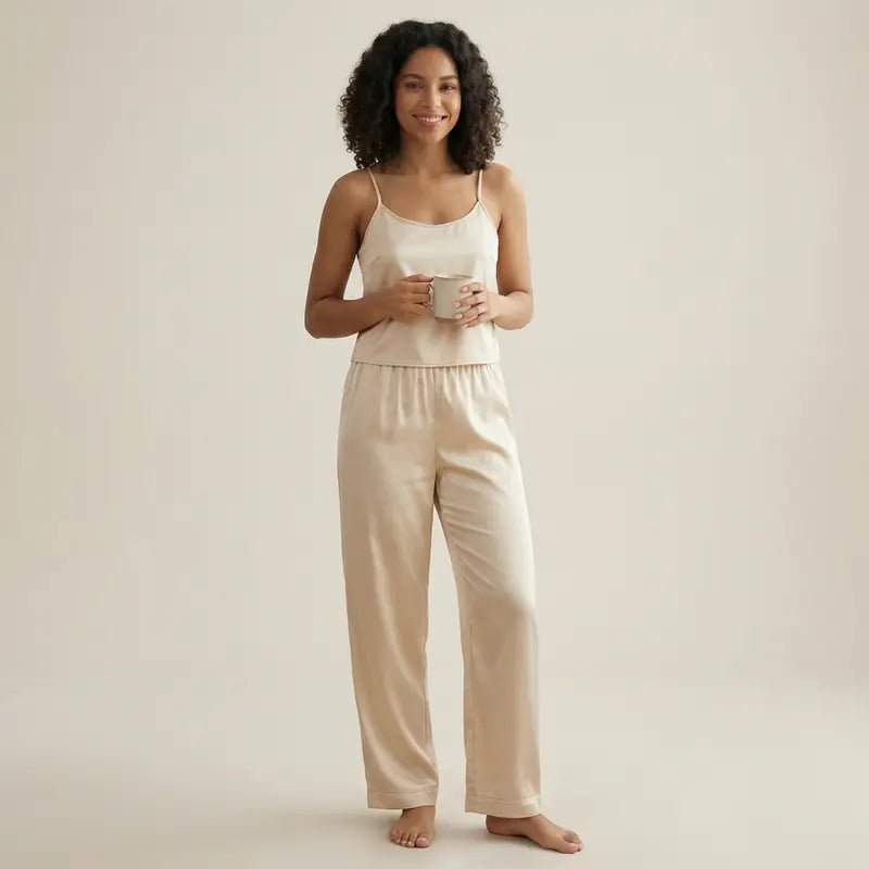Femme souriante portant un pyjama en satin beige à fines bretelles avec pantalon fluide assorti, tenant une tasse dans les mains, sur fond neutre minimaliste, style e-commerce élégant et confortable.
