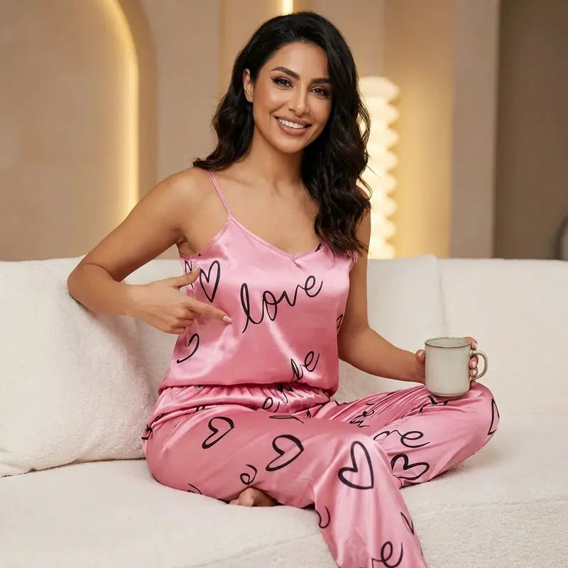 Femme souriante assise sur un canapé portant un pyjama en satin rose à fines bretelles avec motifs cœurs et inscription “love”, tenant une tasse, dans un intérieur élégant et lumineux.