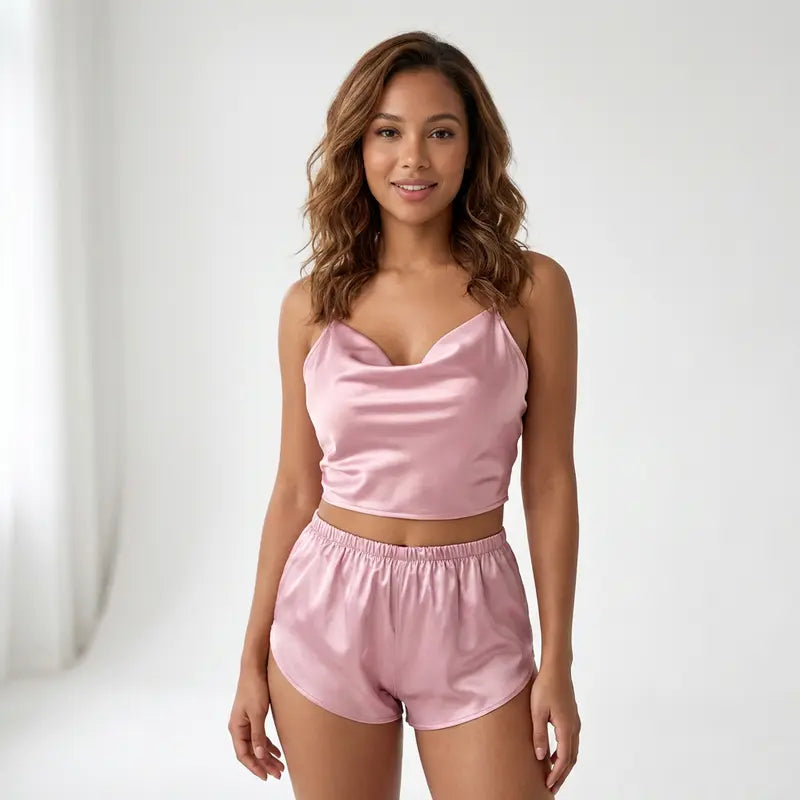 Ensemble satin rose clair pour femme, top drapé à fines bretelles et short assorti, porté en intérieur