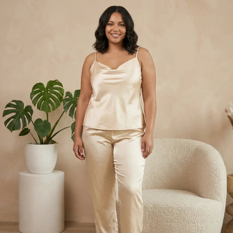Femme souriante portant un pyjama en satin champagne à fines bretelles avec pantalon assorti, debout dans un intérieur élégant avec fauteuil et plante verte, style e-commerce chic et confortable.