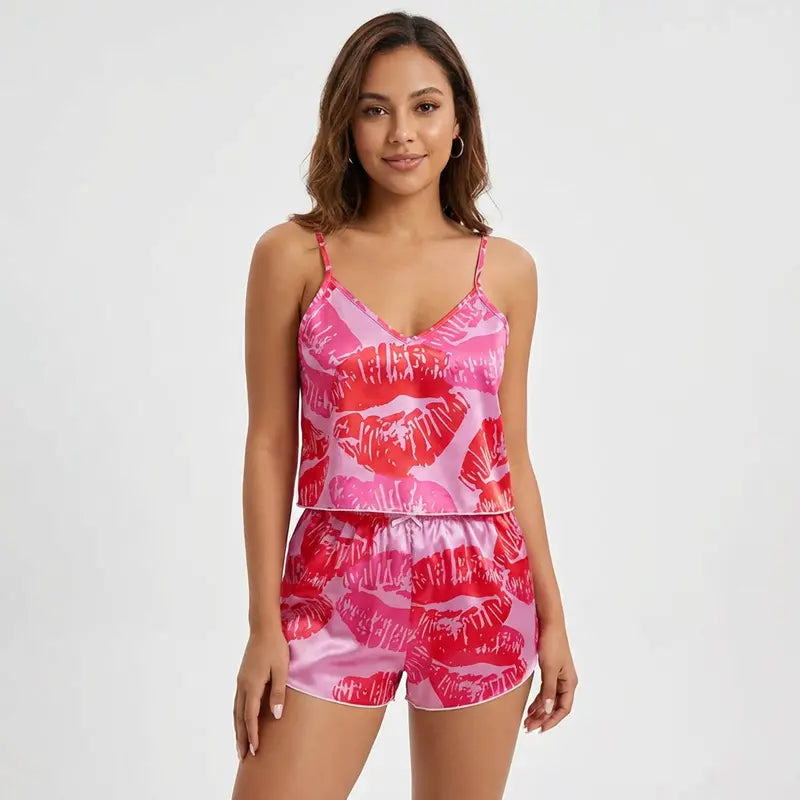 Ensemble satin femme rose avec motifs baisers rouges, débardeur à bretelles fines et short assorti