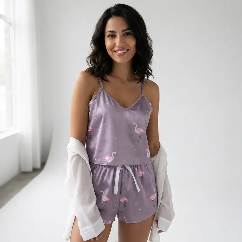 Ensemble satin gris femme avec bretelles fines et motifs flamants roses, top fluide et short assorti