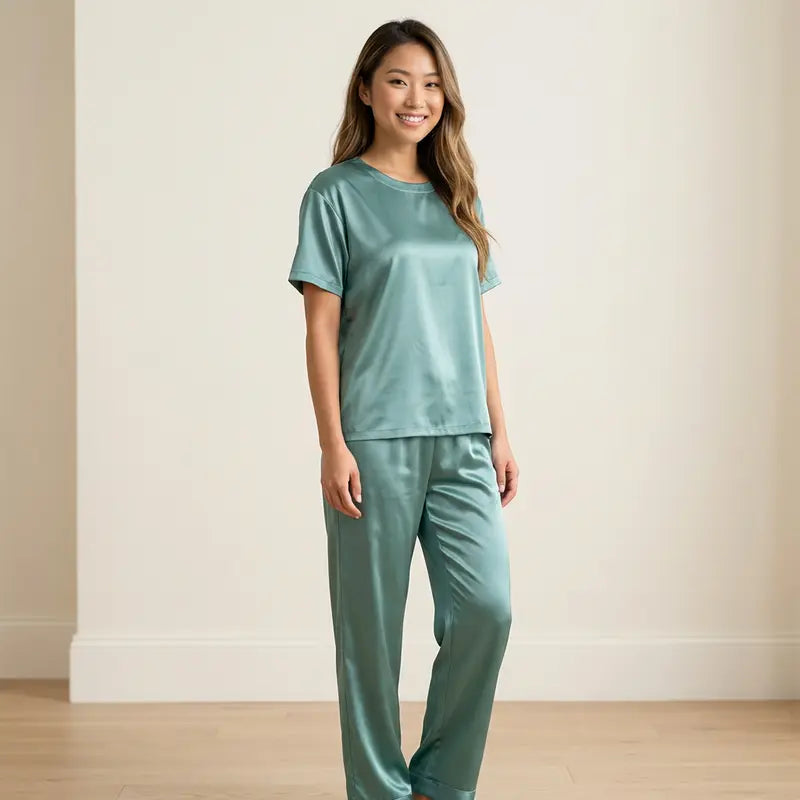 Pyjama femme en satin vert avec t-shirt manches courtes et pantalon long, porté en intérieur, style confortable et élégant.