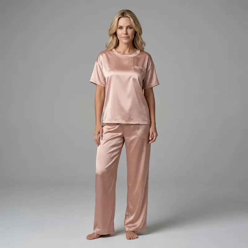 Pyjama femme en satin rose avec t-shirt manches courtes et pantalon long, porté en studio, style élégant et confortable.
