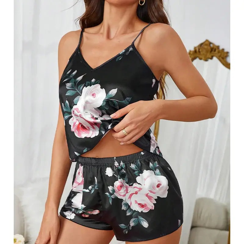 Pyjama satin sexy femme ensemble short débardeur noir fleuri