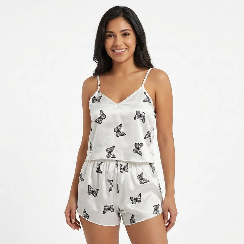 Ensemble satin femme blanc à motifs papillons noirs avec débardeur à bretelles et short assorti