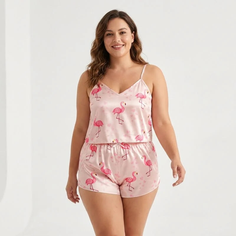 Pyjama Satin Sexy Femme débardeur et short assortis rose avec motif
