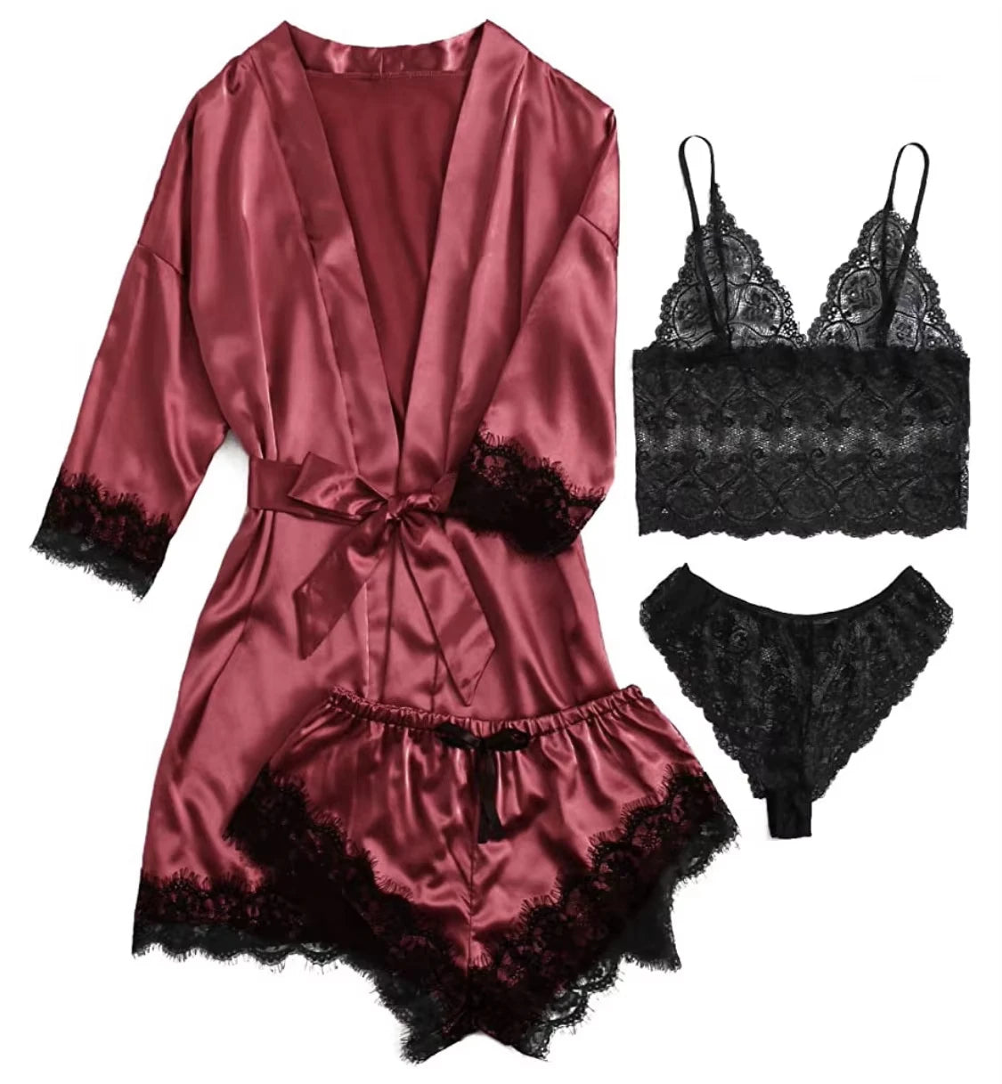 Pyjama satin femme 4 pièces avec peignoir
