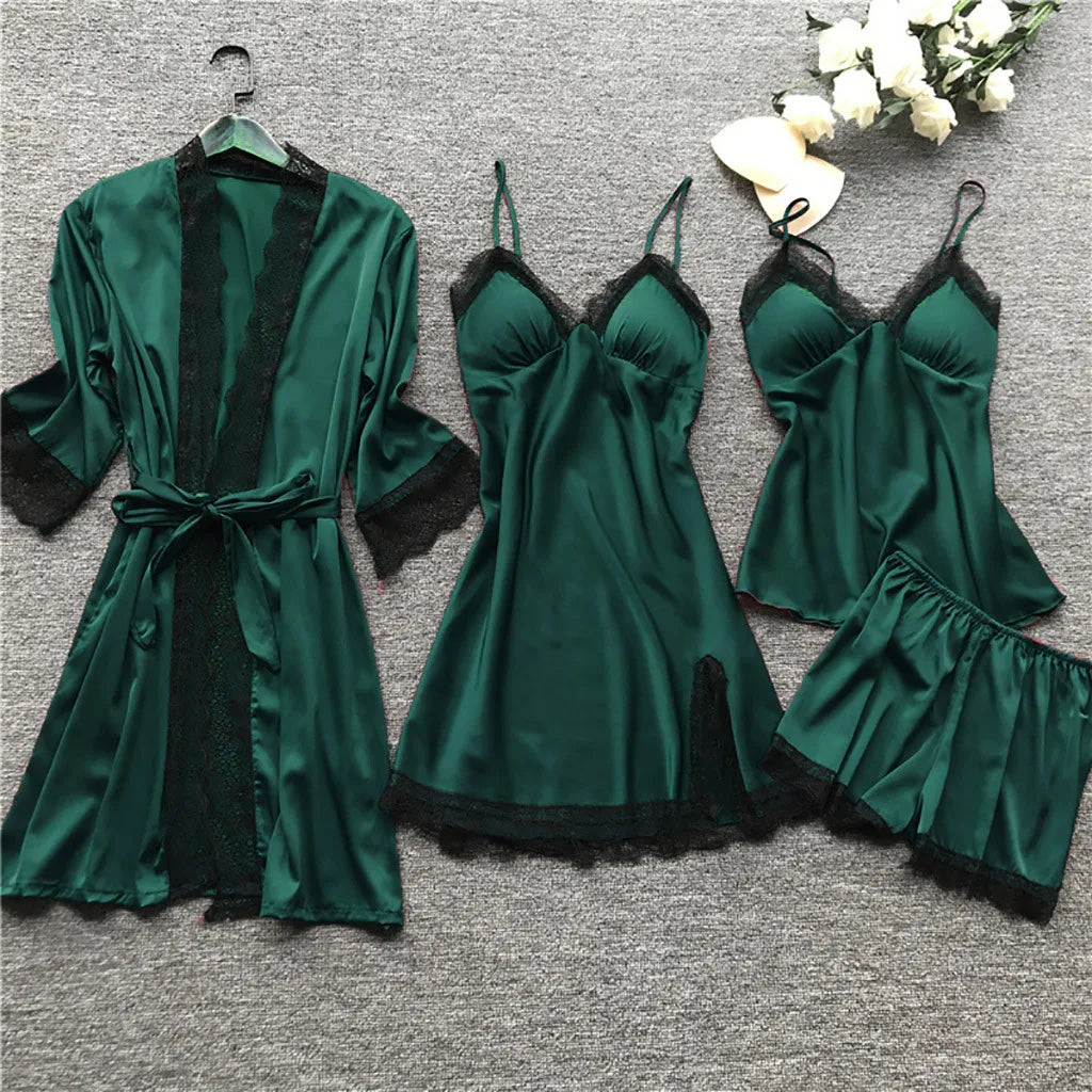 Ensemble satin vert émeraude avec peignoir