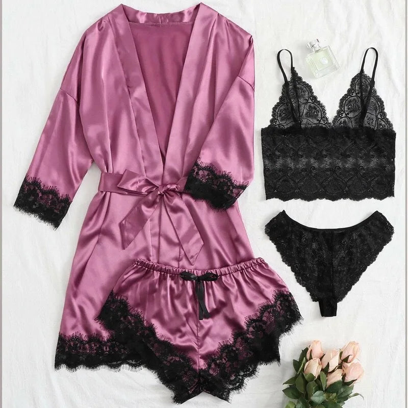 Pyjama satin femme 4 pièces avec peignoir