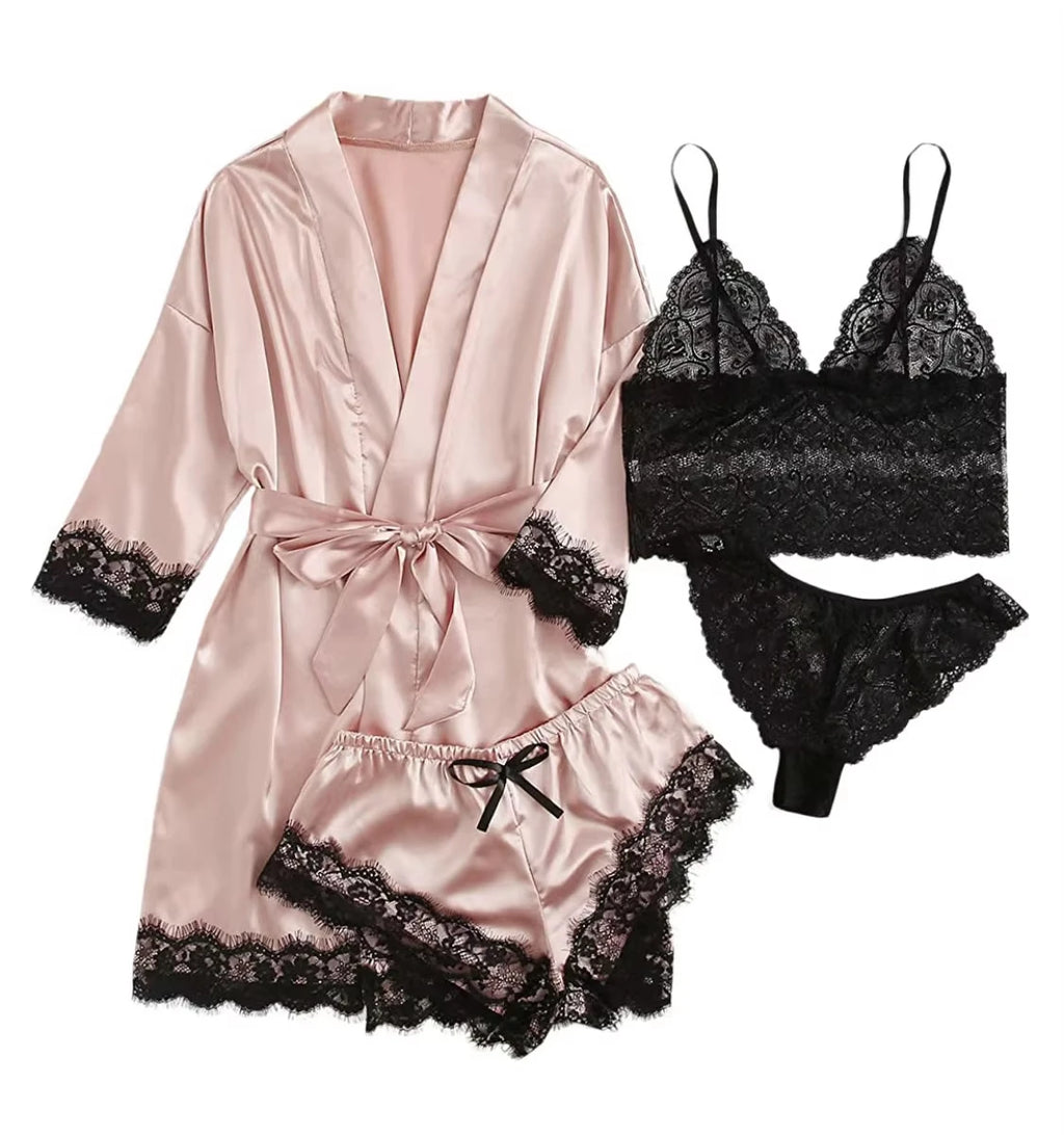 Pyjama satin femme 4 pièces avec peignoir