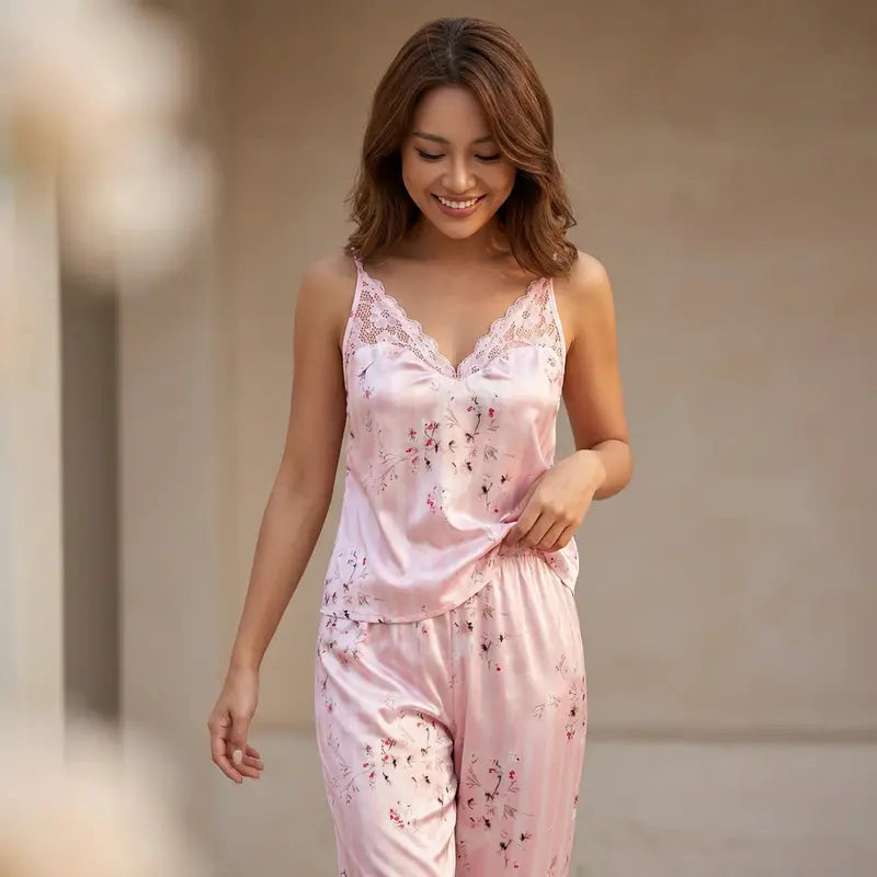 Pyjama Satin Sexy Femme Col En V Plongeant
