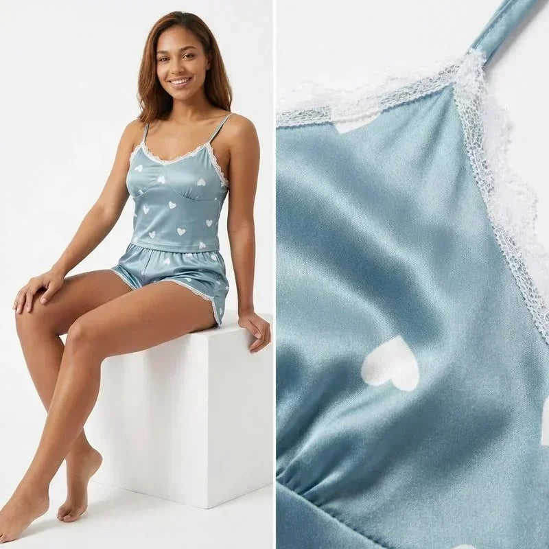 Pyjama Satin Sexy Femme Brodé De Dentelle