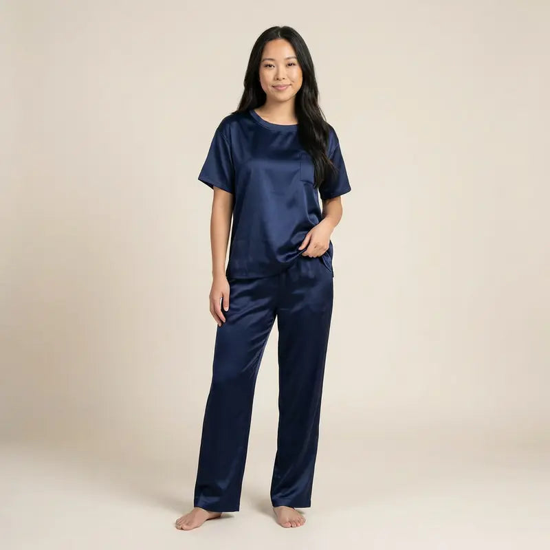 Pyjama Satin Sexy Femme Bleu Nuit Profond
