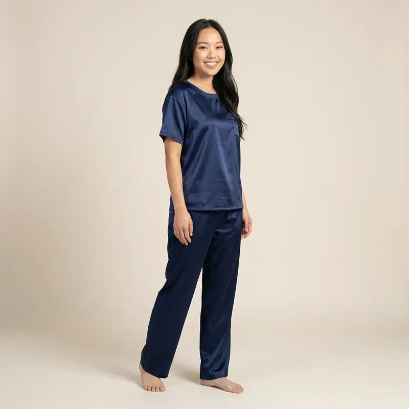 Pyjama Satin Sexy Femme Bleu Nuit Profond