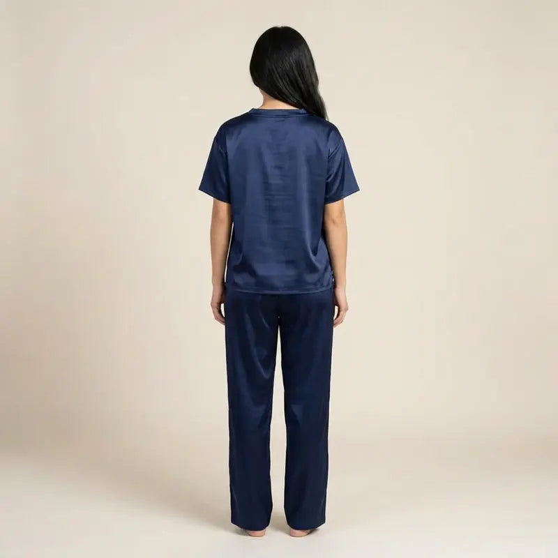 Pyjama Satin Sexy Femme Bleu Nuit Profond