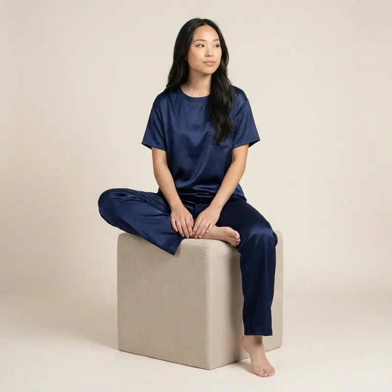 Pyjama Satin Sexy Femme Bleu Nuit Profond