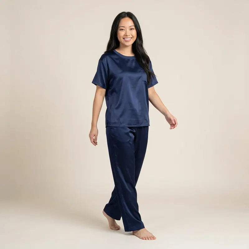 Pyjama Satin Sexy Femme Bleu Nuit Profond